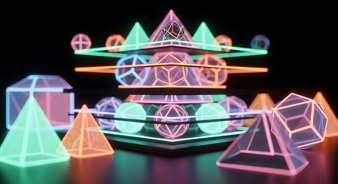 Abstract Geometric Arrangement with Neon Glowing Wireframe Shapes and Pyramid Platforms for Modern Futuristic Display and Decorative Background - Powered by Adobe