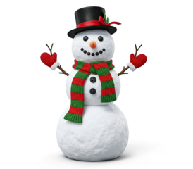 A snowman with a red and green scarf and hat, standing on a png transparent.