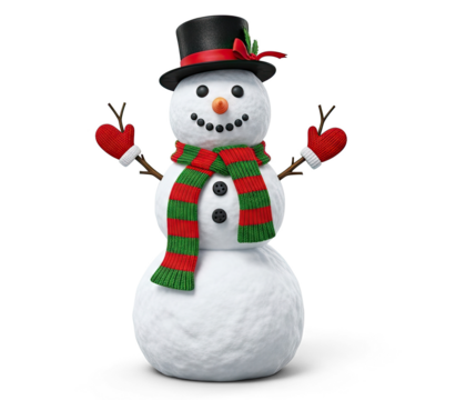 A snowman with a red and green scarf and hat, standing on a png transparent.