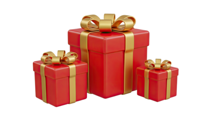 Three red gift boxes with gold ribbons and bows on a png transparent.