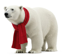 A polar bear wearing a red scarf, standing against a png transparent.