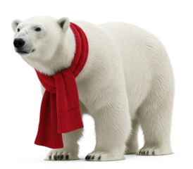 A polar bear wearing a red scarf, standing against a png transparent.