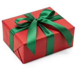 A red gift box with a green ribbon and bow on a png transparent.