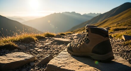 Hiking boot resting on a rocky mountain trail at sunrise.