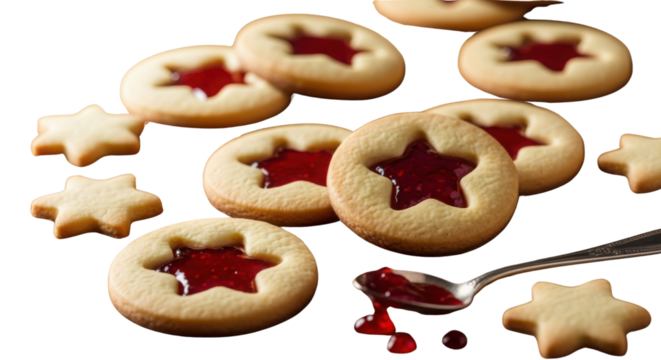Scattered Christmas Linzer Cookies with Star Cutouts and Red Jam Filling isolated on Transparent Background