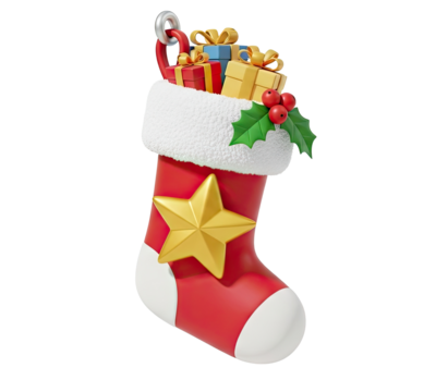 A red and white Christmas stocking filled with colorful gift boxes and a gold star on a png transparent.