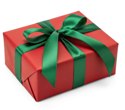 A red gift box with a green ribbon and bow on a png transparent.