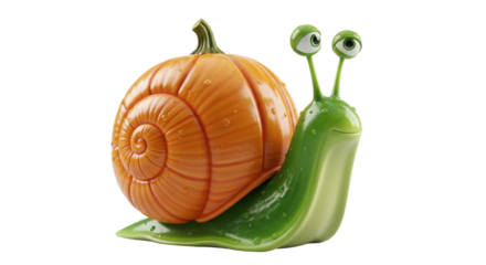 Whimsical 3D Render of a Green Snail with an Orange Pumpkin Shell isolated on Transparent Background