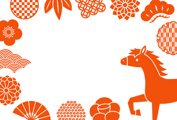 赤い和風の飾りと馬のフレーム