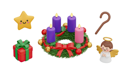 A Christmas wreath with candles, a star, and an angel on a png transparent.