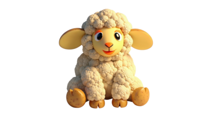 Cute Cauliflower Sheep 3D Render, Cartoon Lamb Character isolated on Transparent Background