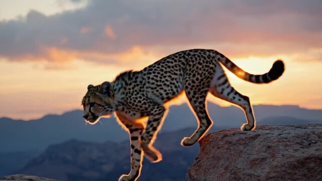 Cheetah sitting on a rock ledge looking out at a mountain range at sunset in the distance cheetah video