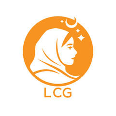 LCG Islamic Hijab Woman Logo. LCG Design with Crescent Moon and Stars. LCG Muslim Female Silhouette Icon.
