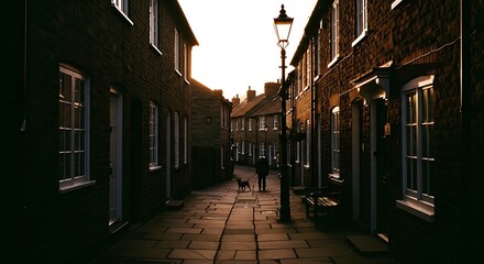 Historic cobblestone alleyway with old buildings at sunset.