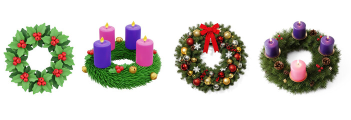 A collection of different Christmas wreaths with candles and ornaments.
