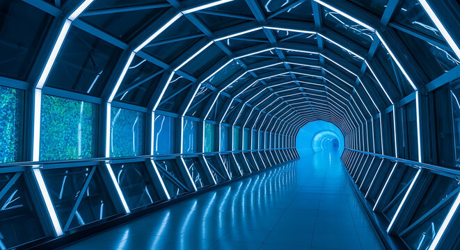 Futuristic Tunnel with Blue Neon Lights and Geometric Structure Long Empty Corridor Interior Design with Technological Aesthetic