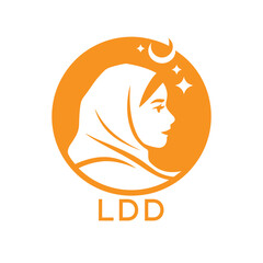 LDD Islamic Hijab Woman Logo. LDD Design with Crescent Moon and Stars. LDD Muslim Female Silhouette Icon.
