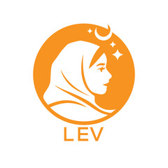 LEV Islamic Hijab Woman Logo. LEV Design with Crescent Moon and Stars. LEV Muslim Female Silhouette Icon.
