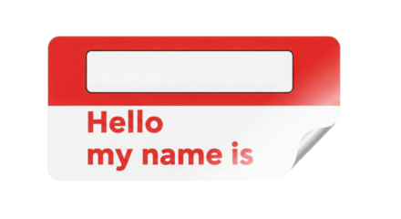 Red and White "Hello my name is" Sticker Name Tag with Peeled Corner isolated on Transparent Background