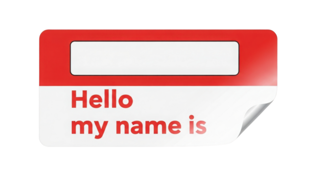 Red and White "Hello my name is" Sticker Name Tag with Peeled Corner isolated on Transparent Background - Powered by Adobe