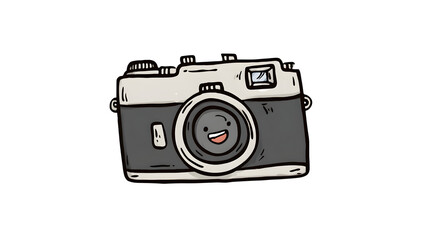 Fototapeta premium A doodle of a simple doodle camera with a goofy face on its lens, isolated on a Transparent Background
