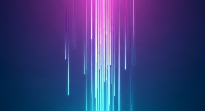 Abstract Neon Light Streaks on Dark Blue Background Technology Concept Glowing Lines in Upward Motion Data Transfer with Glow and Vivid Colors