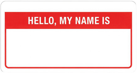 Red and White Rectangular Name Tag Sticker Template with Text "HELLO, MY NAME IS" isolated on Transparent Background