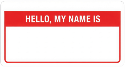 Red and White Rectangular Name Tag Sticker Template with Text "HELLO, MY NAME IS" isolated on Transparent Background