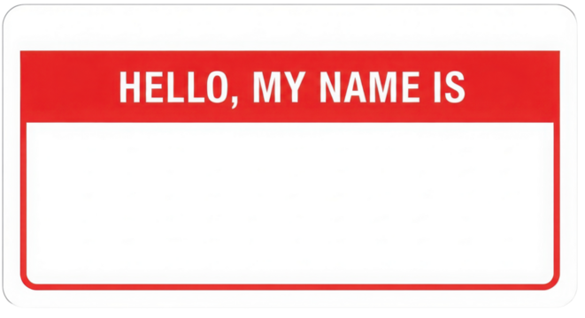 Red and White Rectangular Name Tag Sticker Template with Text "HELLO, MY NAME IS" isolated on Transparent Background