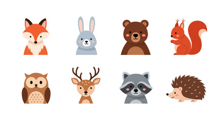 Fototapeta premium Cartoon forest animals collection fox rabbit bear squirrel owl deer raccoon hedgehog