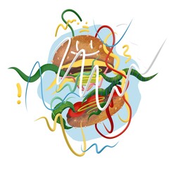 A modern, vibrant, and whimsical 3D illustration of a stylized burger surrounded by dynamic, colorful, and abstract lines and design elements.