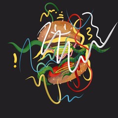 graffiti on the wall, A modern, vibrant, and whimsical 3D illustration of a stylized burger surrounded by dynamic, colorful, and abstract lines and design elements.