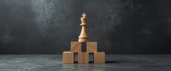 A chess king on wooden blocks embodies leadership, strategy, and success. Perfect for business, marketing, or design projects needing a powerful, conceptual touch.
