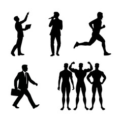 Collection of male silhouettes demonstrating various activities and professions