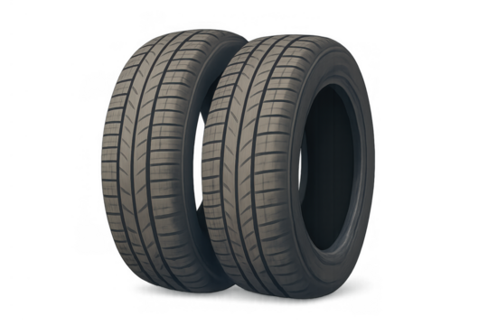 Two new car tires representing vehicle maintenance, road safety, and automobile parts industry on transparent background