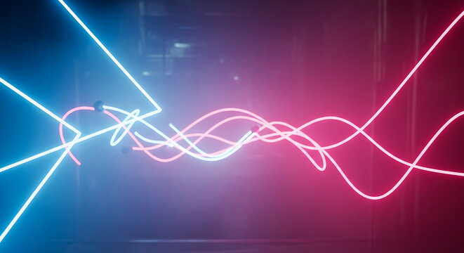 Abstract Neon Light Beams with Wavy Energy Lines in Blue and Red for Futuristic Background and Technological Concept
