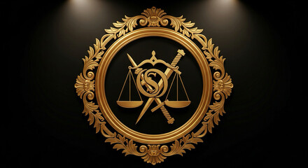 Elegant gold justice symbol inside ornate frame with scales, sword, and letter logo gleaming on a black background, perfect for law firms and legal services branding