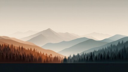 Semi Minimal Color palette concept. Serene mountains with layered hills and a calm forest landscape.