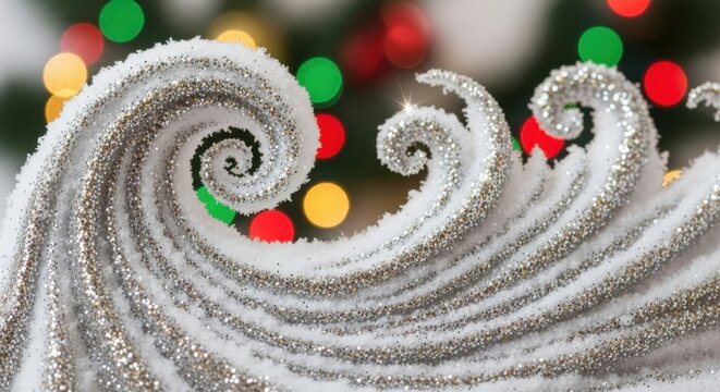 Sparkling swirls ornament against christmas background with glowing colorful orbs of light