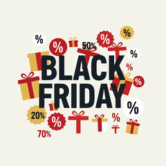 Black Friday Sale Promotion. Graphic Design with Gift Boxes and Discount Percentages.