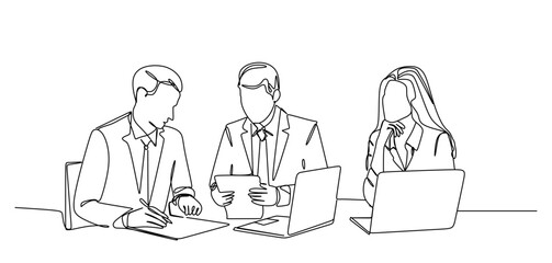 Continuous one line drawing businessman and woman having a discussion. Business activities concept. Single line draw design vector graphic illustration.Hand drawn one line vector. Editable stroke