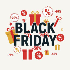 Black Friday Sale Banner Design with Gift Boxes, Ribbons & Discount Percentages for Seasonal Shopping