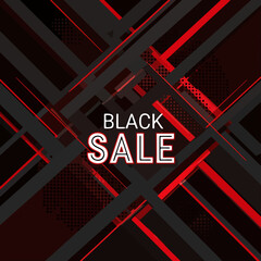 Black Sale abstract geometric background with dynamic red lines. Modern design for promotions, discounts, and marketing.