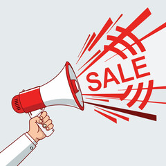 Hand holding megaphone with 'SALE' text and sound waves, vector illustration for marketing and promotion