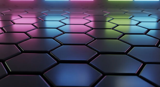 Abstract surface of dark hexagons with neon lighting technology and futuristic backdrop for modern wallpaper or digital art concept of geometric design