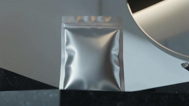 Sleek silver foil doypack mockup on a minimalist checkered surface for product branding and presentation. Modern 3D rendering