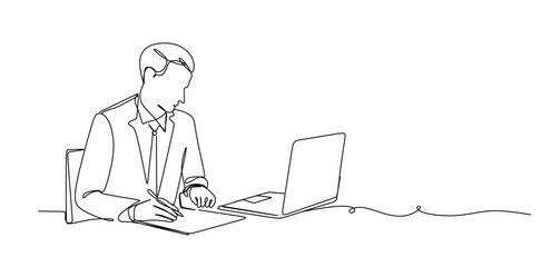 Continuous one line drawing businessman and woman having a discussion. Business activities concept. Single line draw design vector graphic illustration.Hand drawn one line vector. Editable stroke