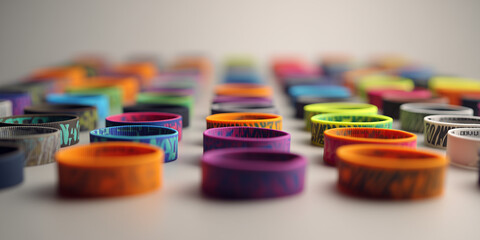 Colorful rubber wristbands arranged in a vibrant pattern  