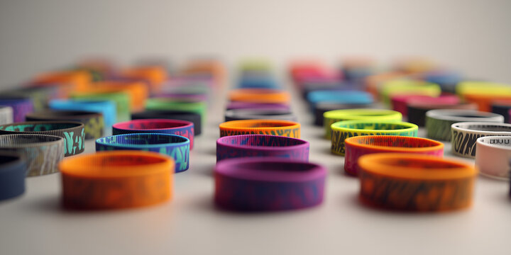 Colorful rubber wristbands arranged in a vibrant pattern  