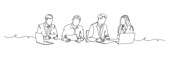 Continuous one line drawing businessman and woman having a discussion. Business activities concept. Single line draw design vector graphic illustration.Hand drawn one line vector. Editable stroke